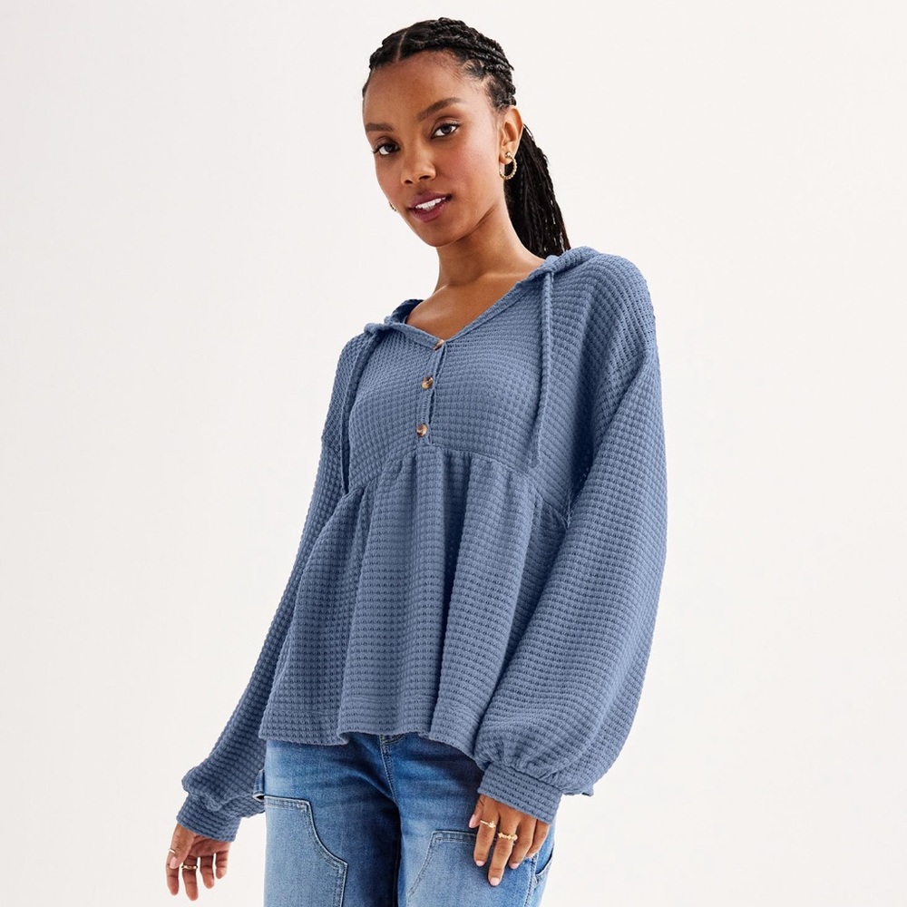 SO® Blue Babydoll Flowy Henley Top